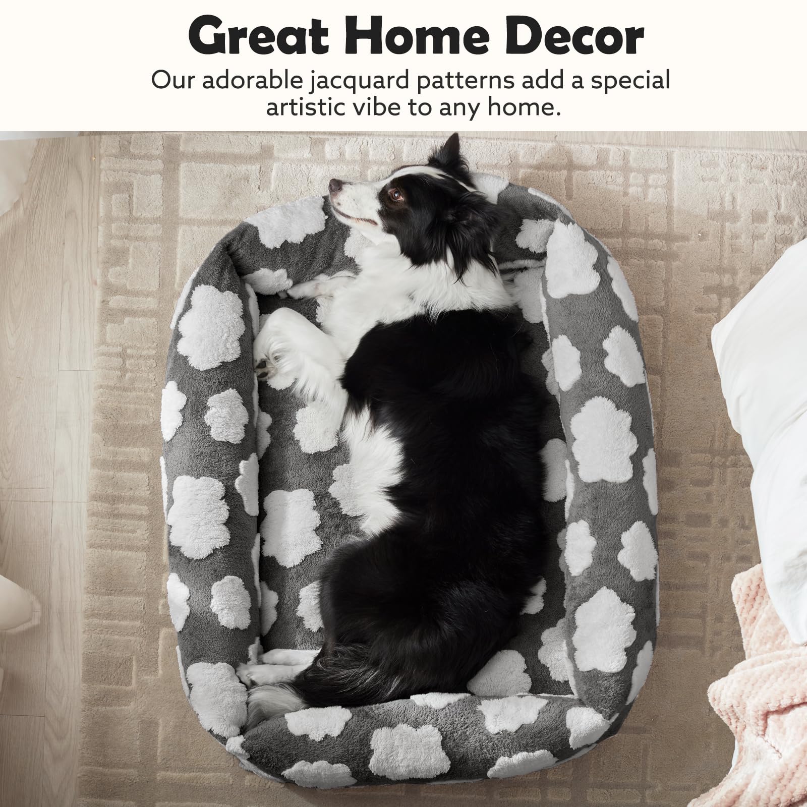 JOEJOY size-chart bed shows S-XL options for a wide range of dogs.