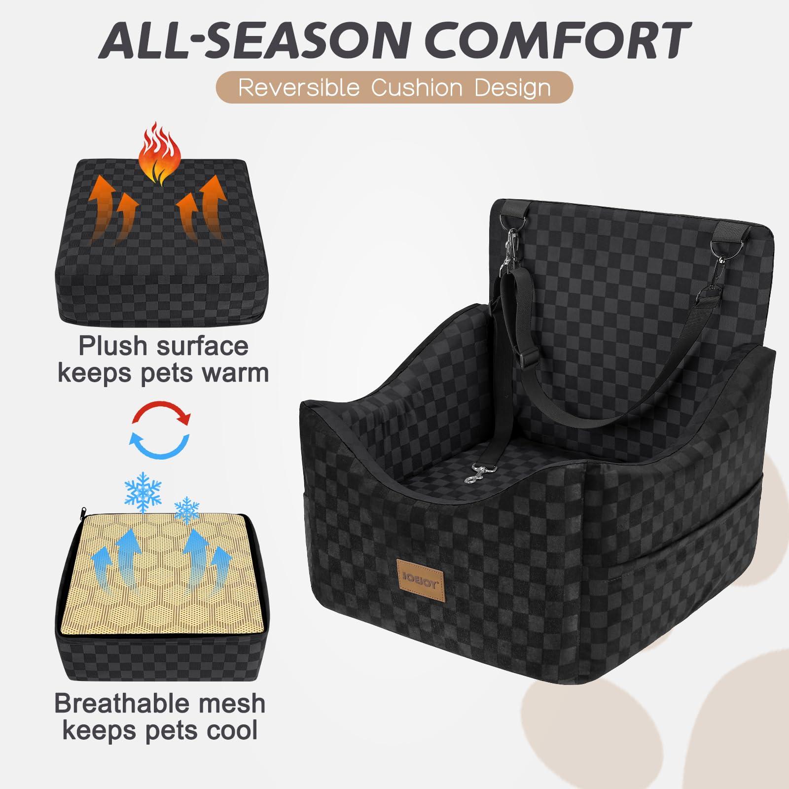 JOEJOY two-sided cover offers plush warmth and breathable leather for year-round comfort.