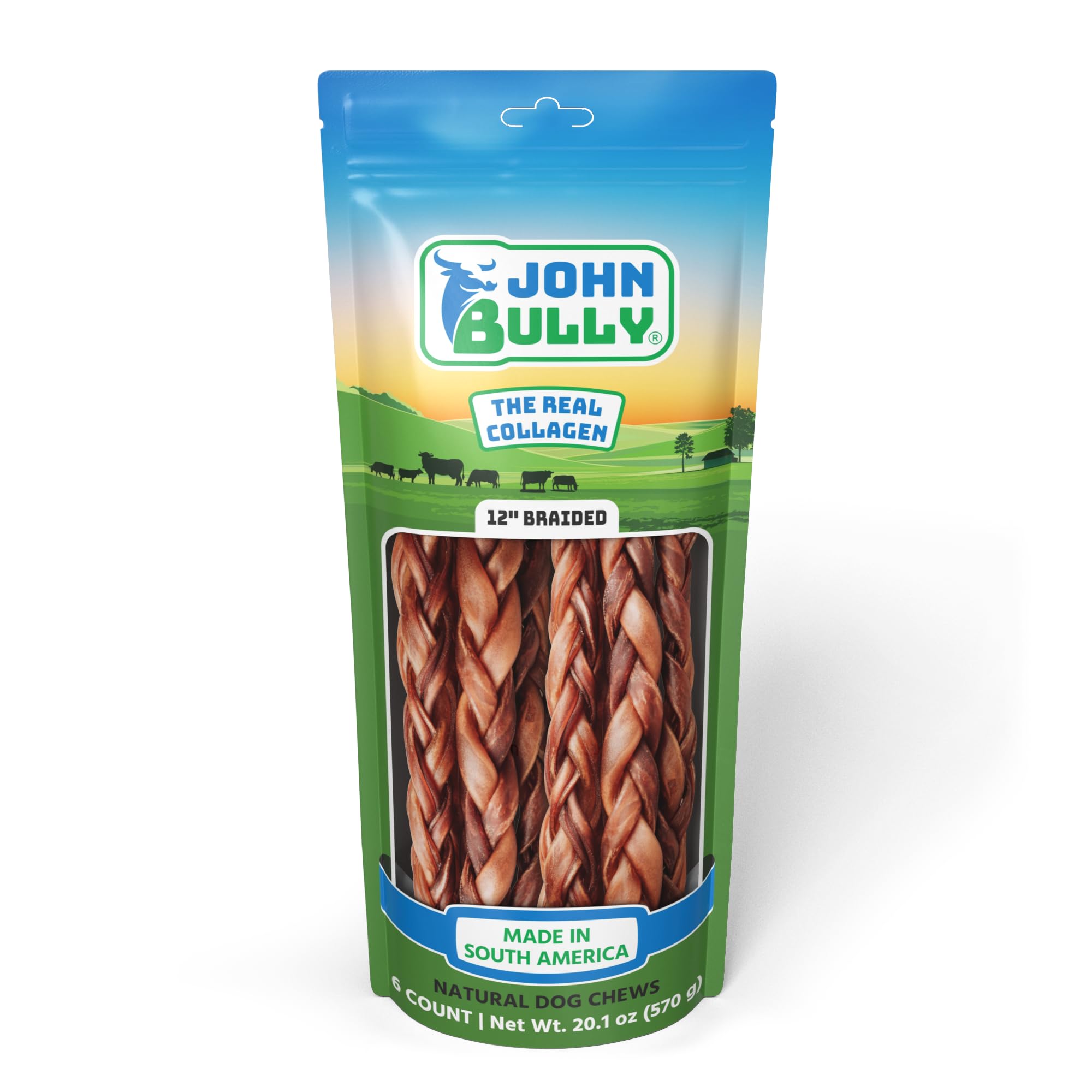 John Bully collagen braided 12in 6pk packaging highlights odor-free dog chews