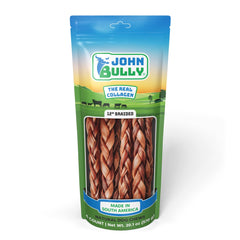 John Bully collagen braided 12in 6pk packaging highlights odor-free dog chews