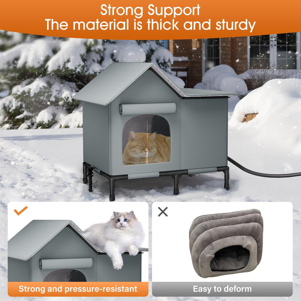 John heated cat house elevated base with stakes stabilizes shelter in wind.