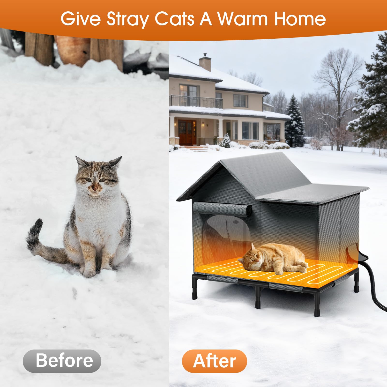 John heated cat house foldable and portable for easy relocation.