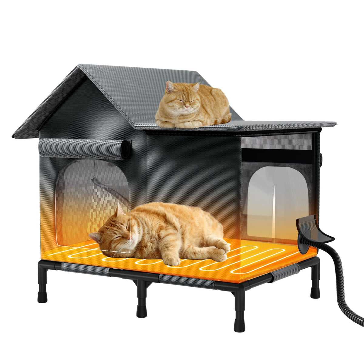 John heated cat house outdoor front view shows warm shelter for feral cats.