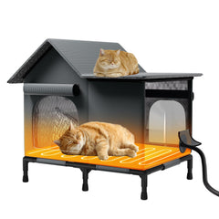 John heated cat house outdoor front view shows warm shelter for feral cats.