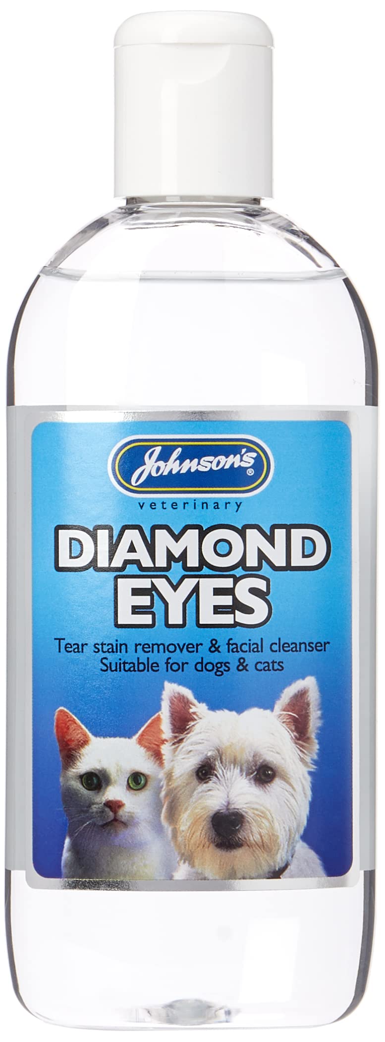 Johnson's Veterinary Diamond Eyes bottle demonstrates gentle tear stain removal around the eye area