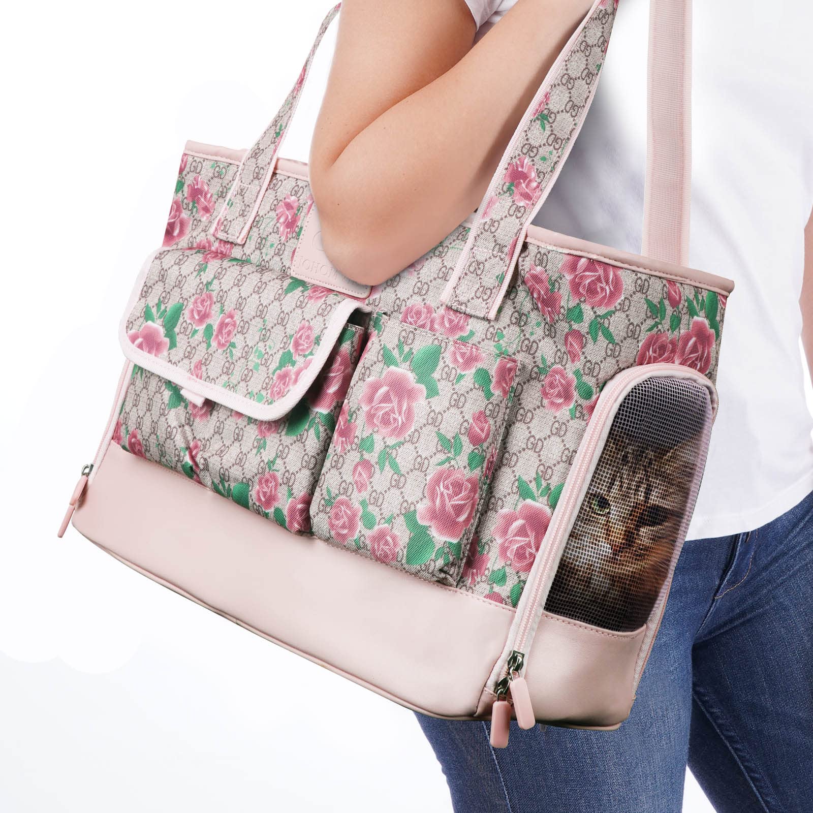 Johomviin dog carrier front view with flower pattern for stylish travel.