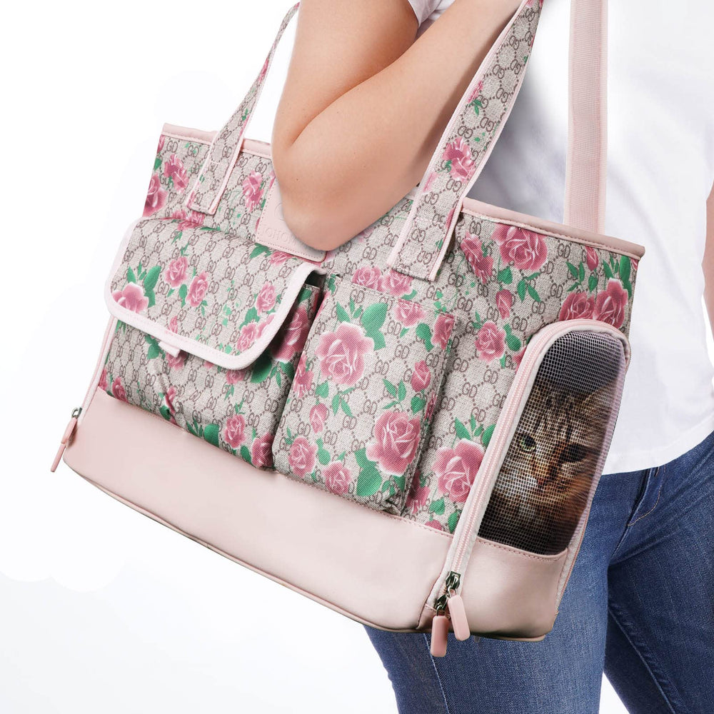Johomviin dog carrier front view with flower pattern for stylish travel.