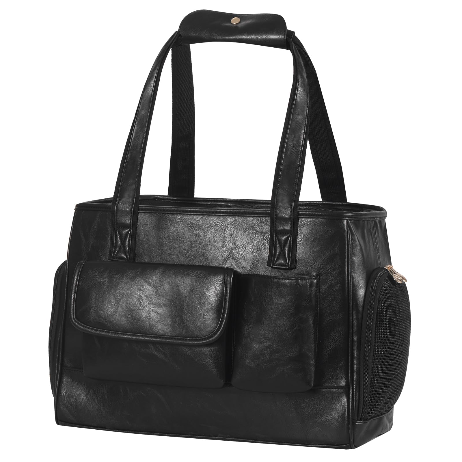 Johomviin dog carrier purse front view in black shows sleek vegan leather for everyday travel.