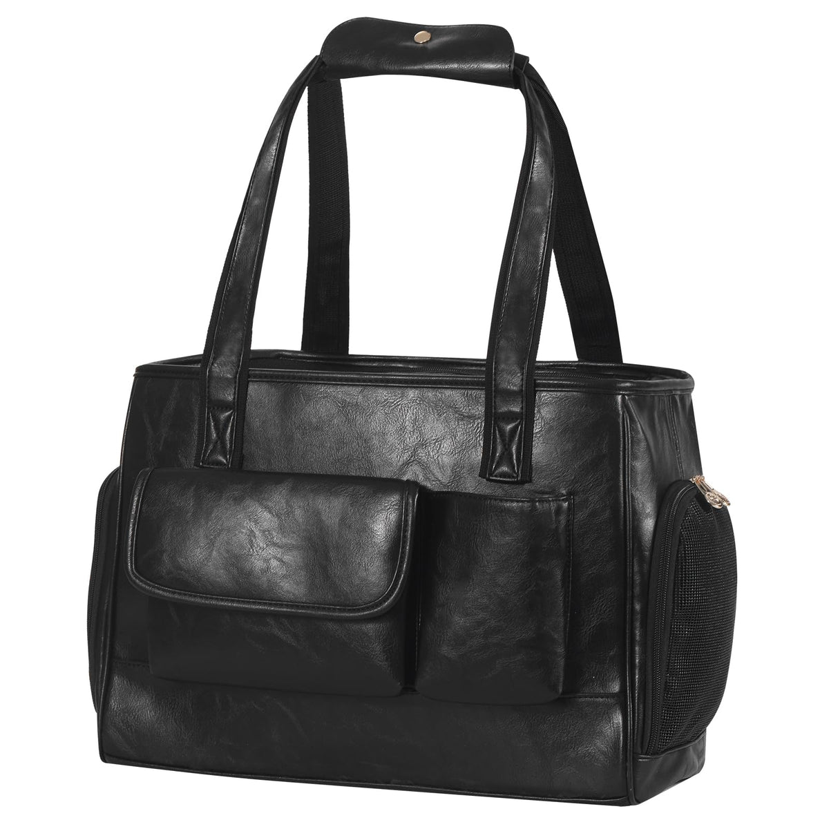 Johomviin dog carrier purse front view in black shows sleek vegan leather for everyday travel.