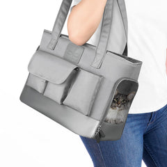 Johomviin pet carrier grey front view shows travel-ready design for pets.