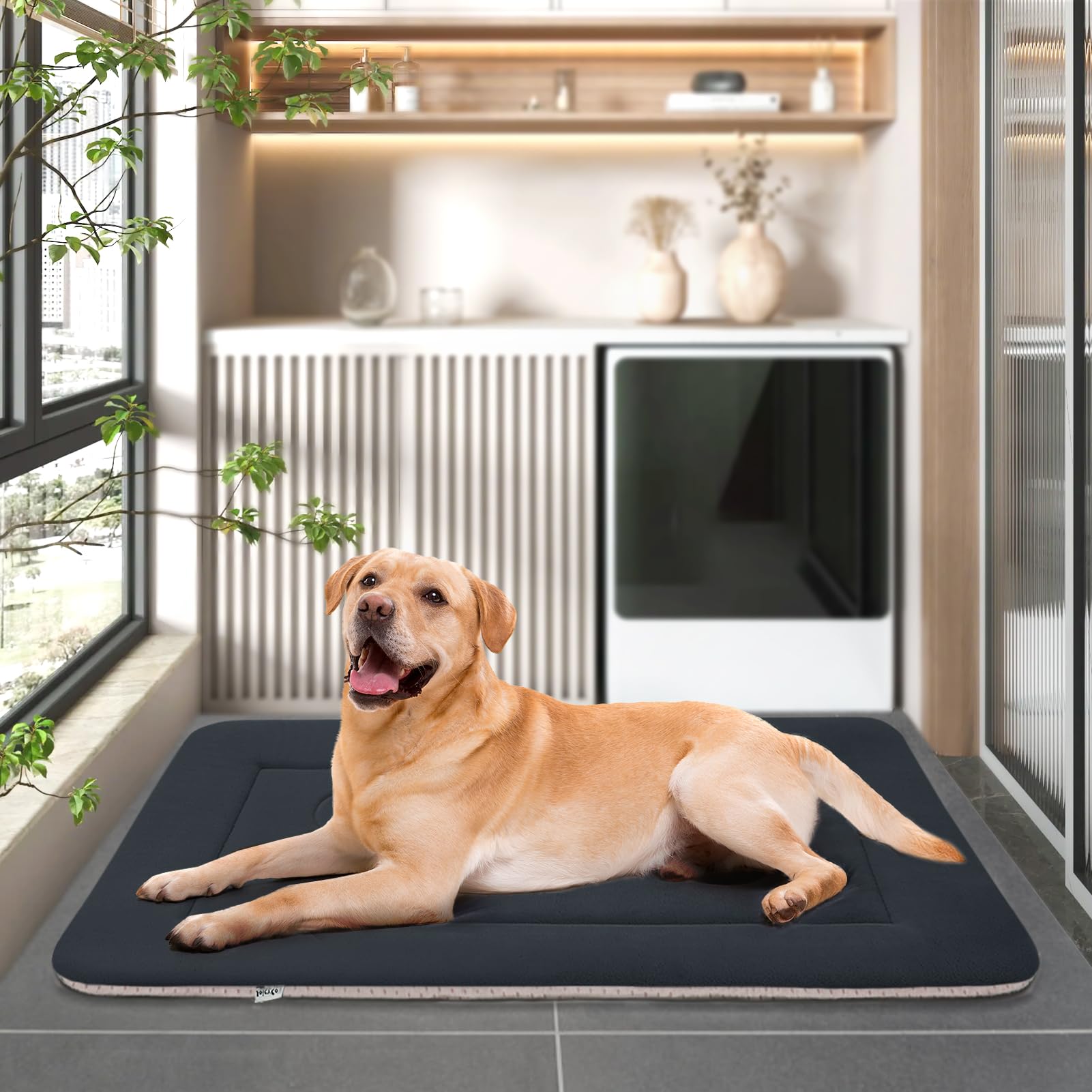 JoicyCo large dog bed in dark gray blends with decor and pets enjoy year-round comfort