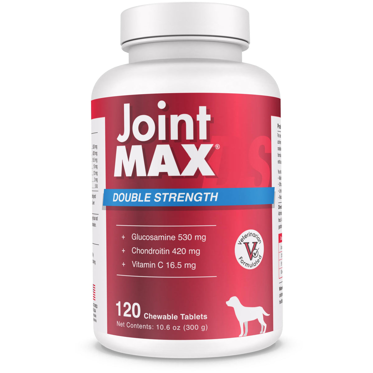 Joint MAX Double Strength bottle front shows trusted dog joint support in action