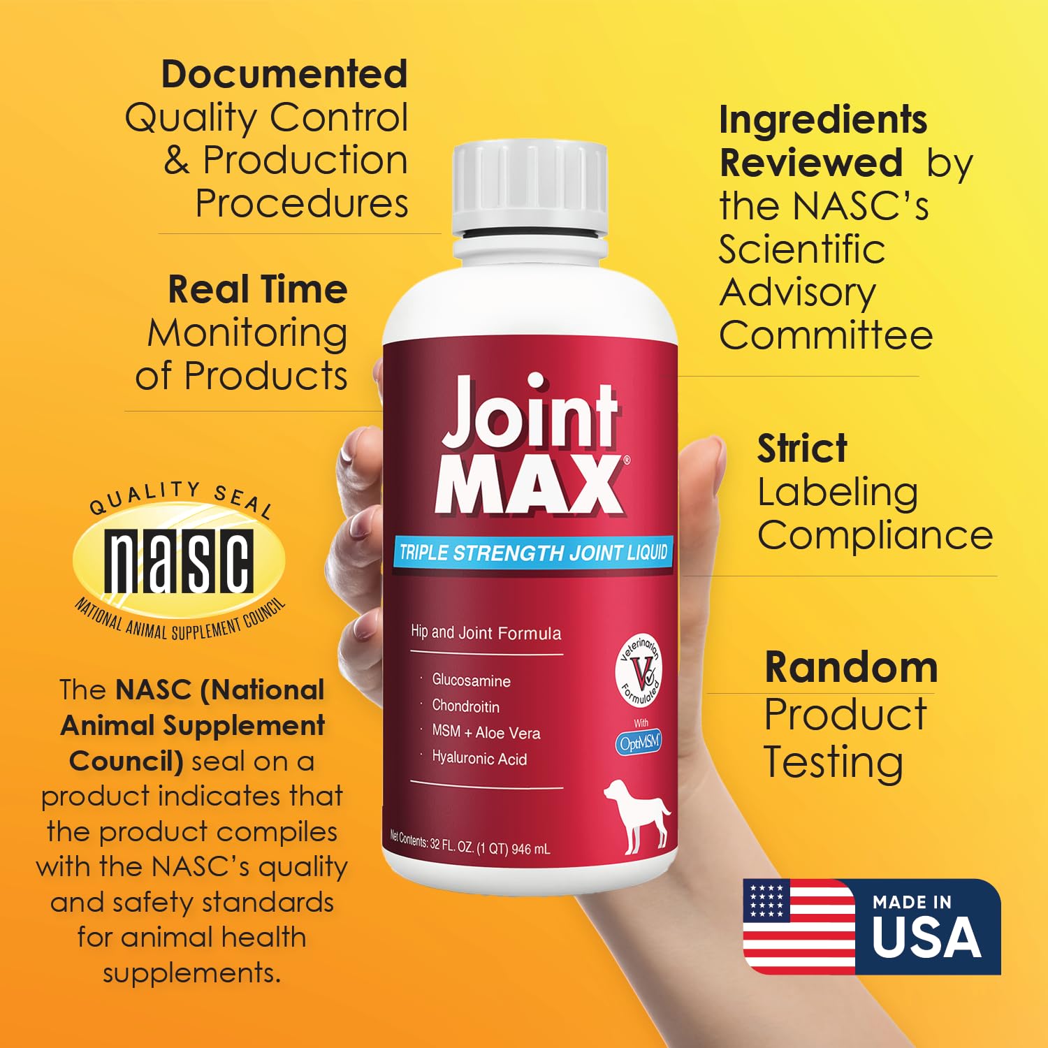 Kitchen counter with Joint MAX Liquid for Dogs bottle and label visible.