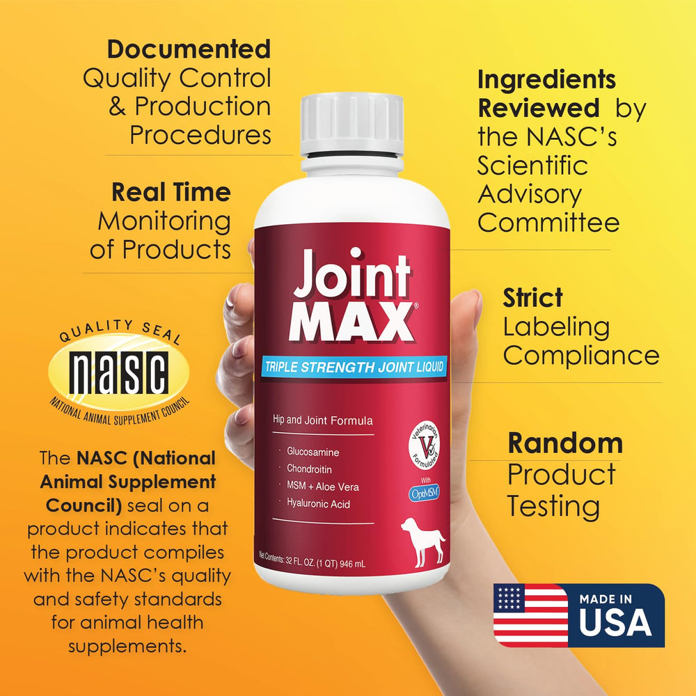 Kitchen counter with Joint MAX Liquid for Dogs bottle and label visible.