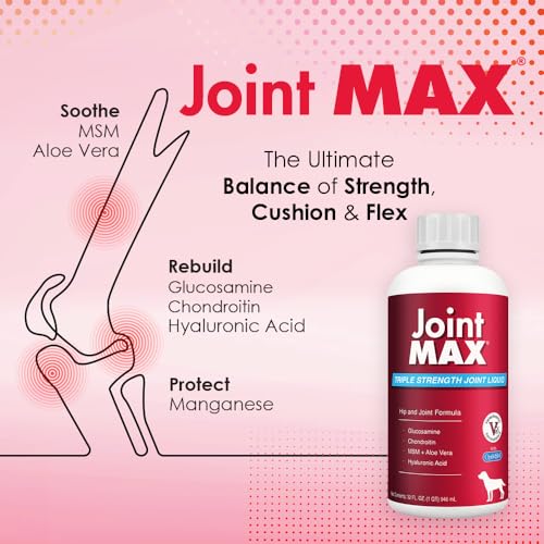 Close-up of Joint MAX Liquid for Dogs label showing glucosamine and chondroitin.