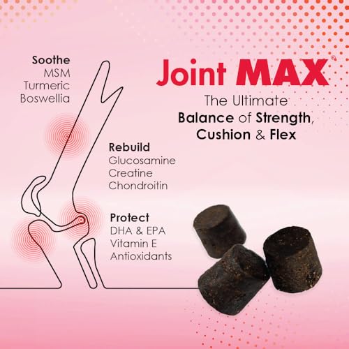 Joint MAX TS bottle with dog in lap suggests easy administration and comfort.