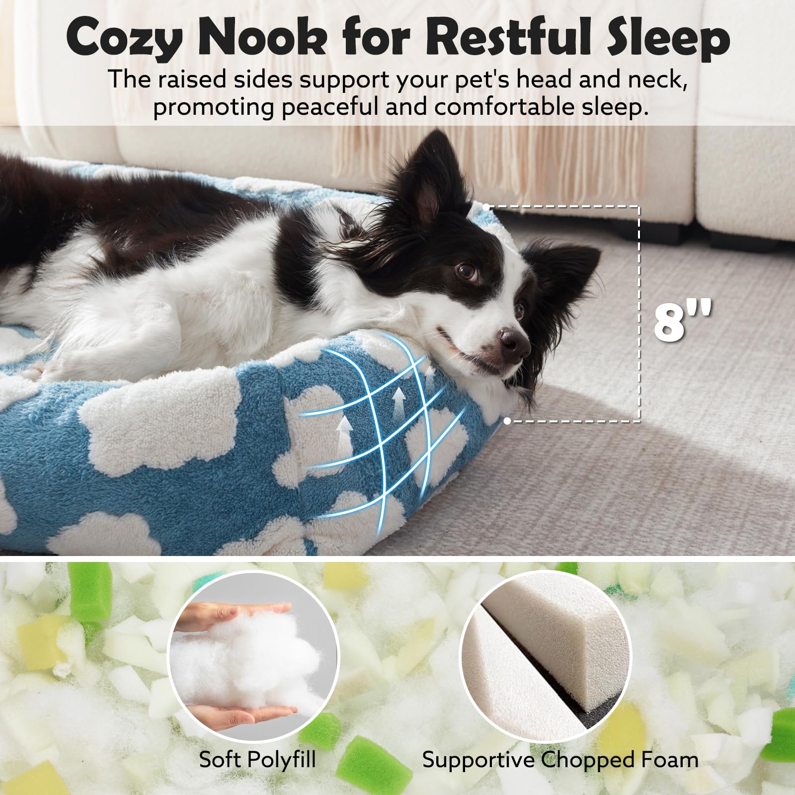 JOEJOY dog bed side angled view highlights raised rim for head and neck support.