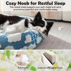 JOEJOY dog bed side angled view highlights raised rim for head and neck support.