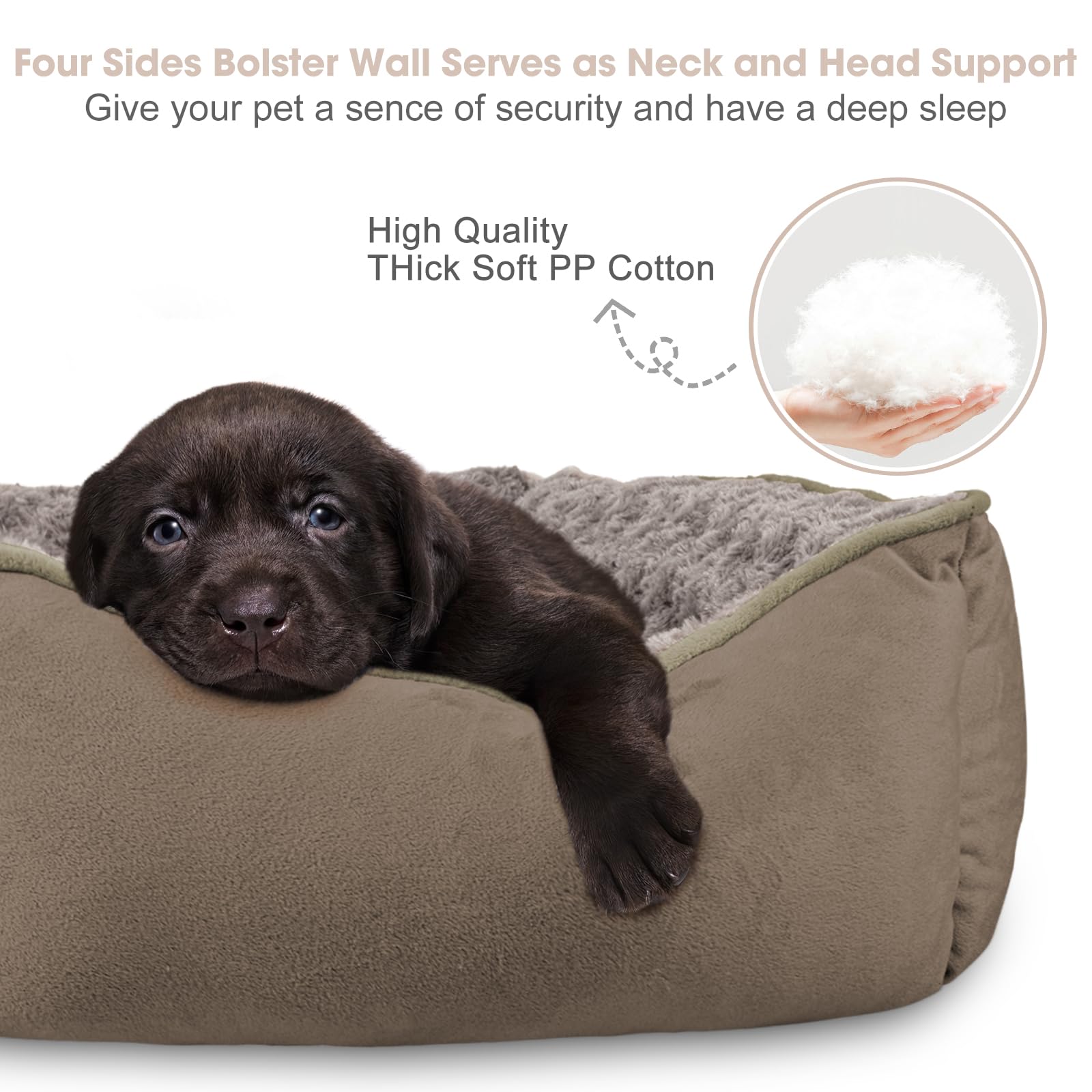 JOEJOY Rectangle Dog Bed in rose swirl faux fur offers luxurious softness and warmth.