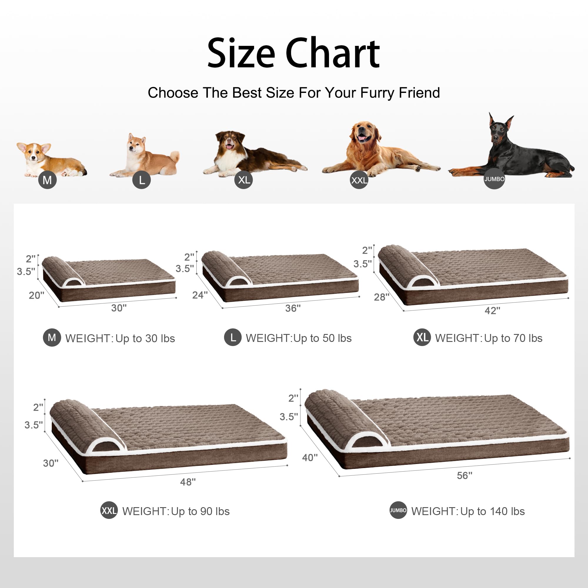 Size chart image for Jolifield Orthopedic XL bed with available options