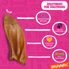 Jolly Barks grass-fed, hormone-free pig ear image suggests natural, wholesome dog chew.