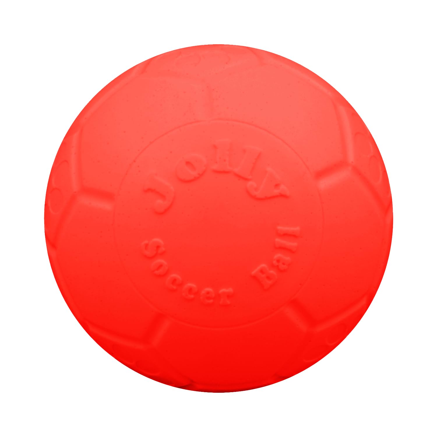 Jolly Pets large soccer ball orange 8in side view, durable fetch toy for dogs.