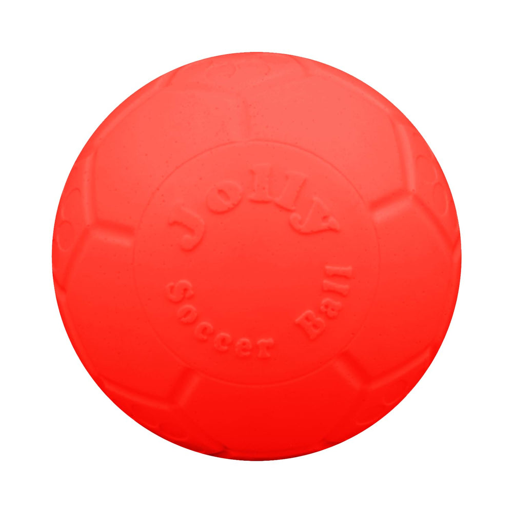 Jolly Pets large soccer ball orange 8in side view, durable fetch toy for dogs.
