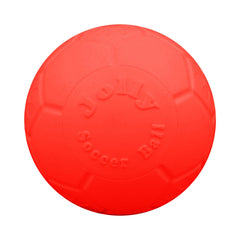 Jolly Pets large soccer ball orange 8in side view, durable fetch toy for dogs.
