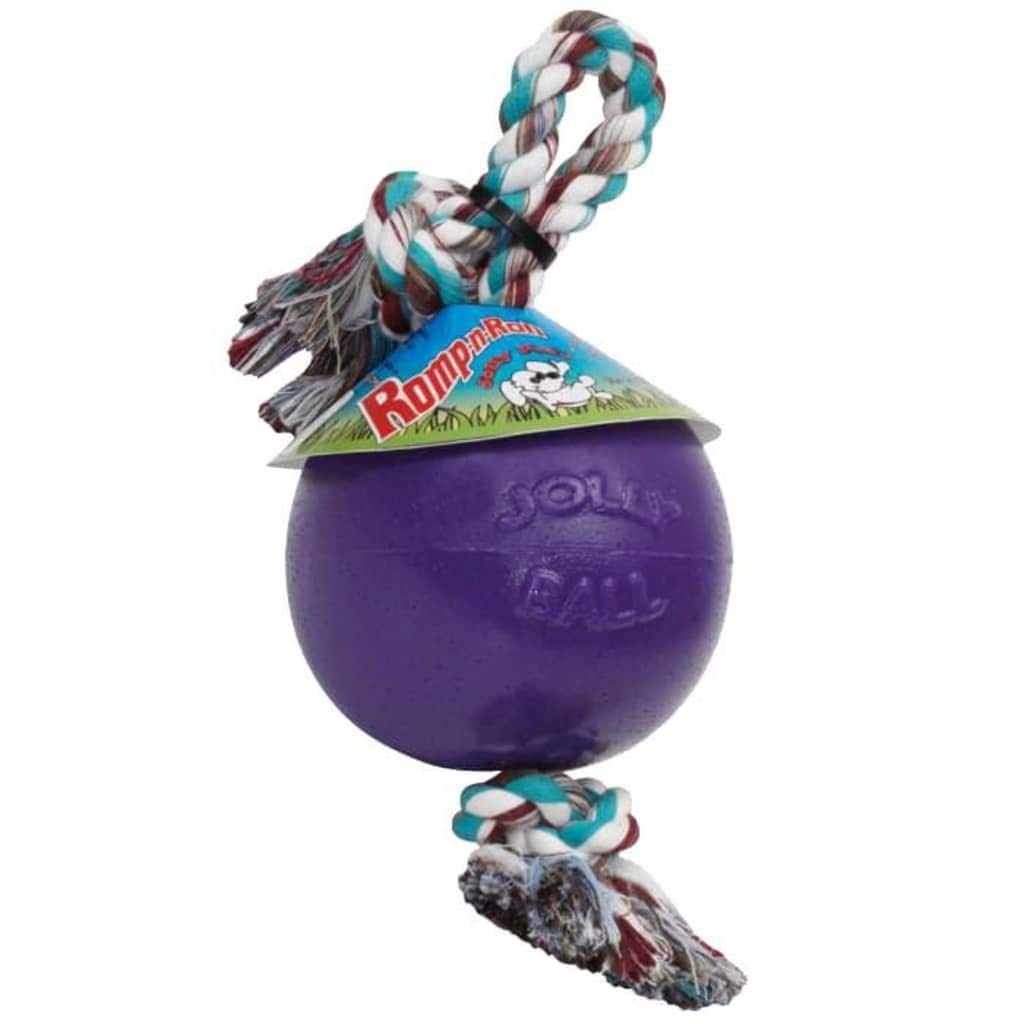 Jolly Pets Romp-n-Roll rope and ball toy 8in purple for large breeds, ideal for fetch.
