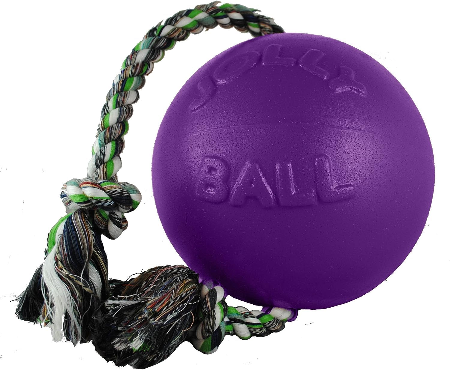 Jolly Pets Romp-n-Roll rope detail shows durable polyethylene and sturdy tug-ready rope.