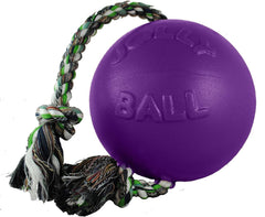 Jolly Pets Romp-n-Roll rope detail shows durable polyethylene and sturdy tug-ready rope.