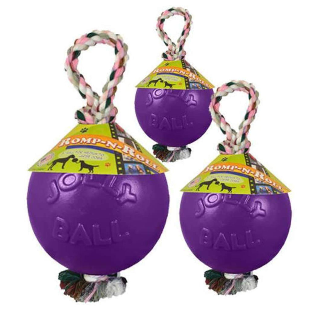 Jolly Pets Romp-n-Roll close-up rope texture in purple for tactile tug play.