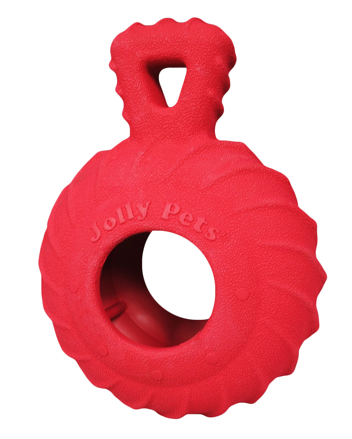 Jolly Pets Tuff Treader with handle offers a durable 6-inch red fetch toy for strong chewers.