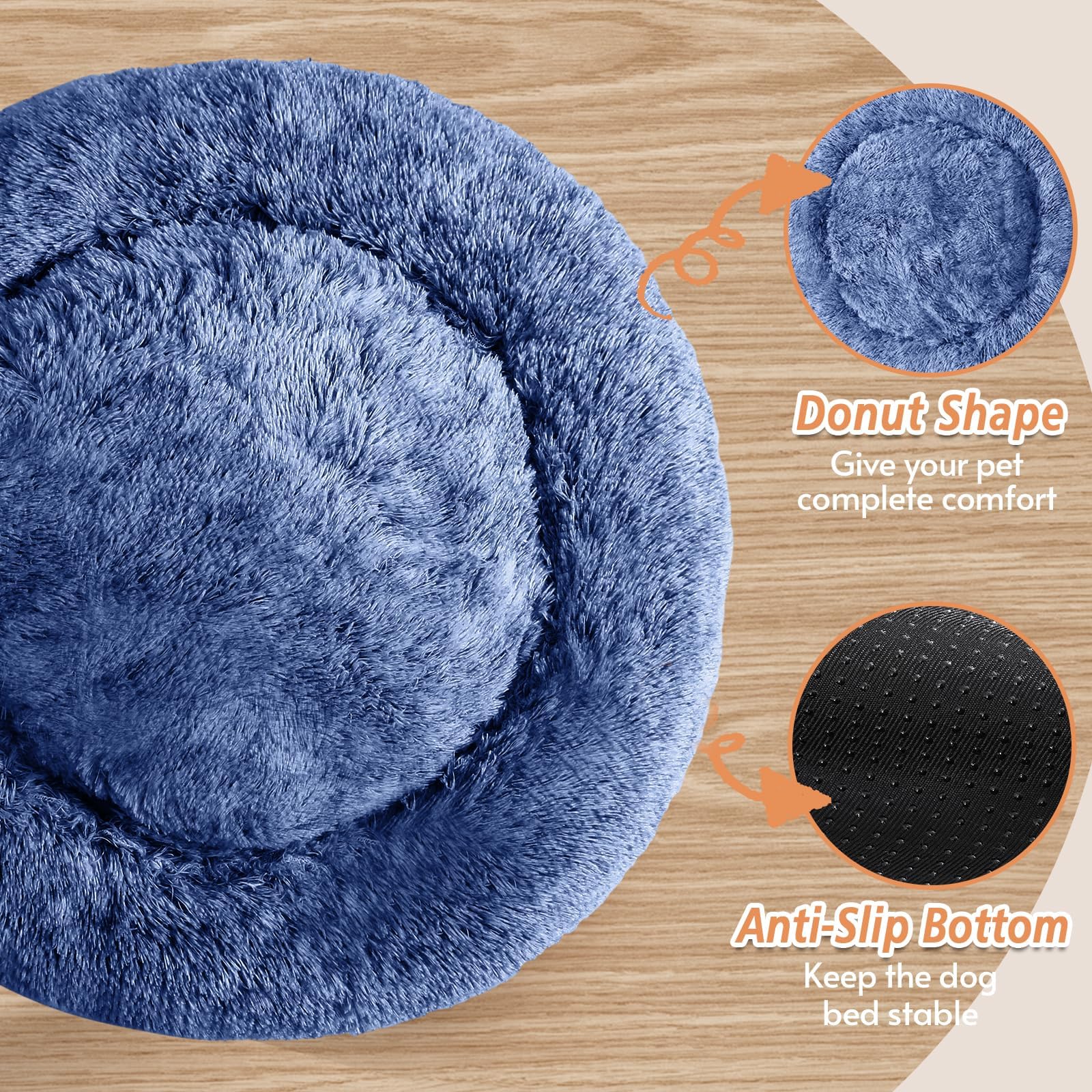 JOLLYVOGUE anti-slip base donut bed — stable rest on tile or wood floors.