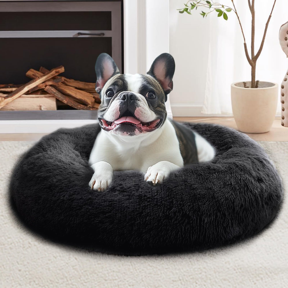 JOLLYVOGUE calming dog bed 31-inch round plush fur for secure burrowing comfort