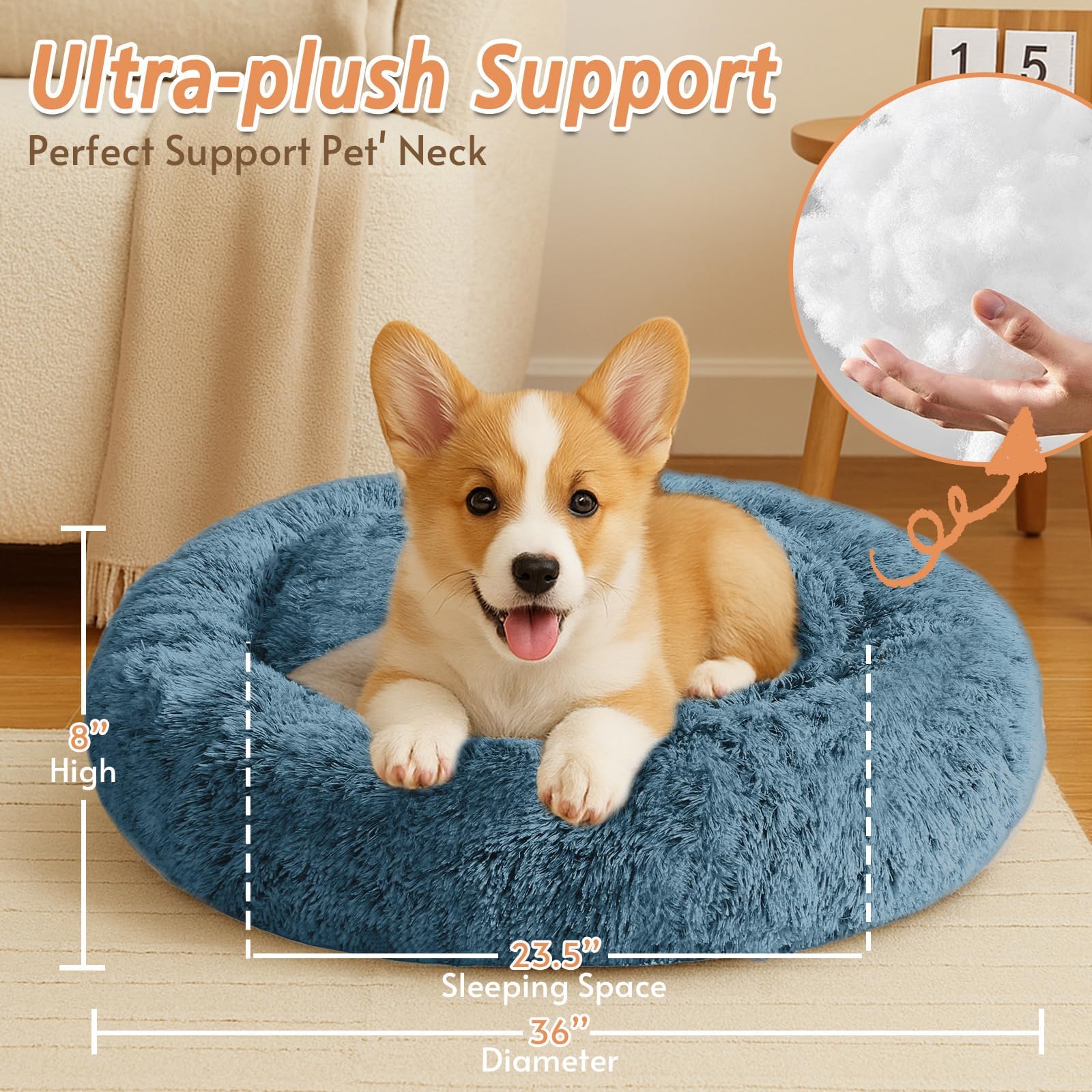 JOLLYVOGUE Calming Dog Bed 36-inch blue full scene shows spacious comfort for larger dogs.