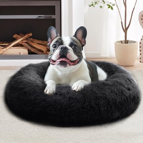 JOLLYVOGUE calming dog bed 36-inch front view showcases plush donut design for cozy containment.