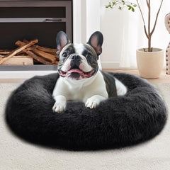 JOLLYVOGUE calming dog bed 36-inch front view showcases plush donut design for cozy containment.