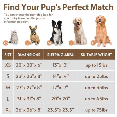 JOLLYVOGUE calming dog bed size guide helps select up to 75 lbs capacity.