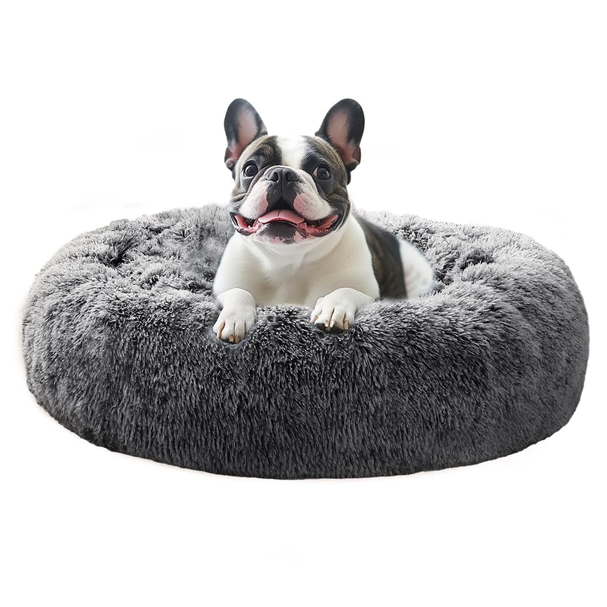 JOLLYVOGUE calming dog bed outer view in smoke black delivers secure, plush comfort.