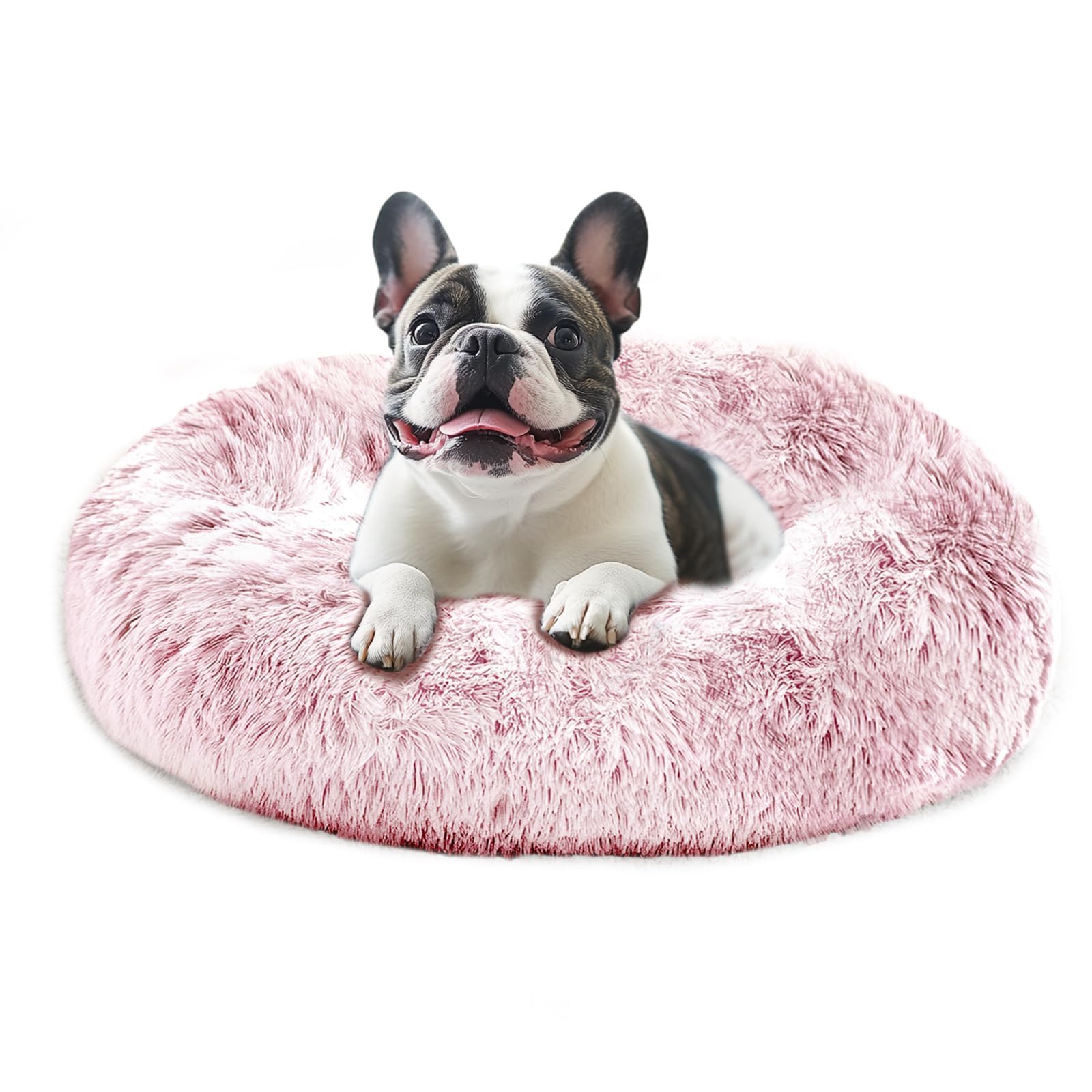 JOLLYVOGUE calming dog bed outer view highlights a cozy smoke-pink retreat