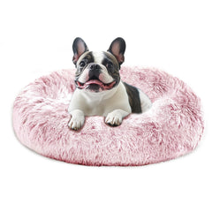 JOLLYVOGUE calming dog bed outer view highlights a cozy smoke-pink retreat