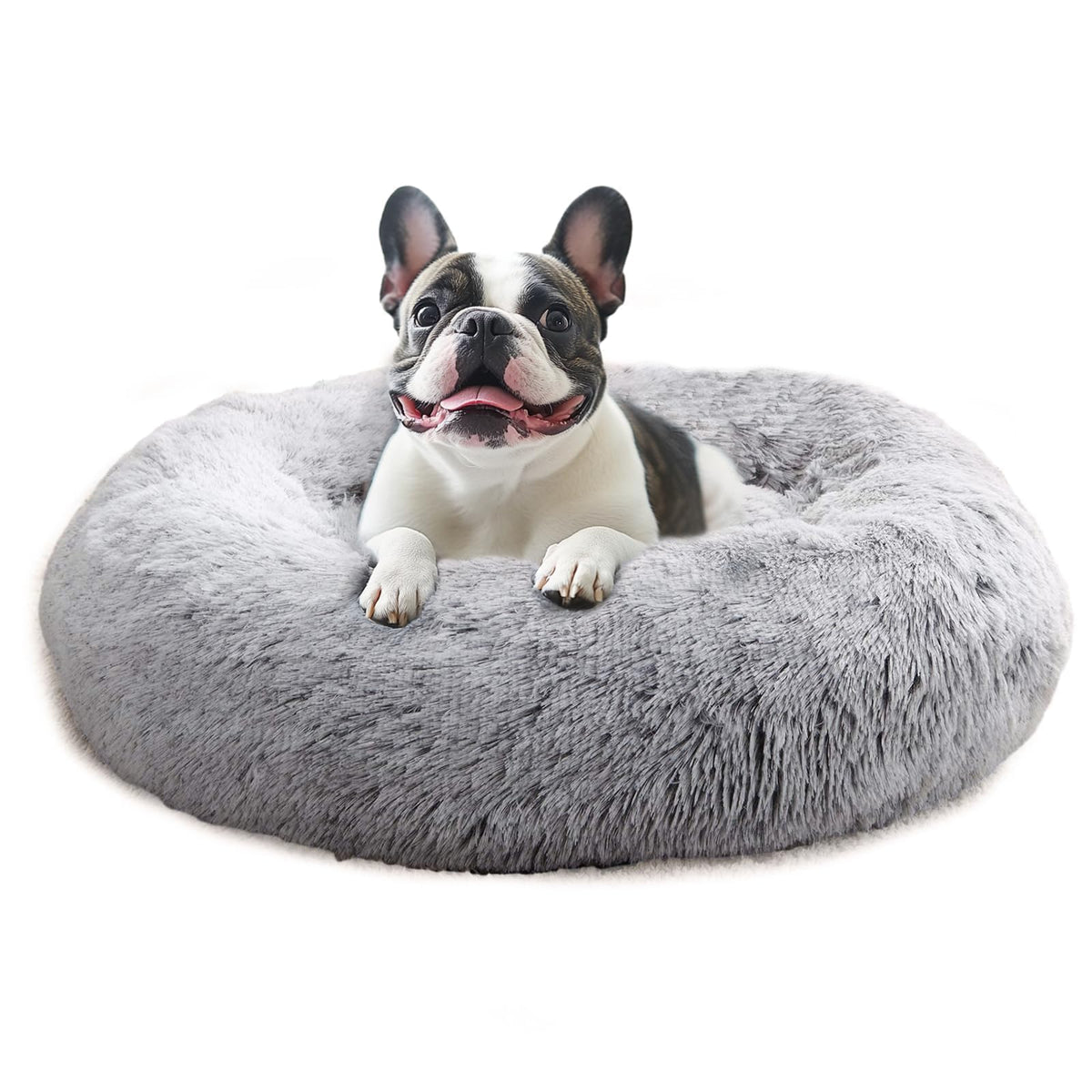 JOLLYVOGUE calming dog bed round donut in smoke grey plush for cozy naps.