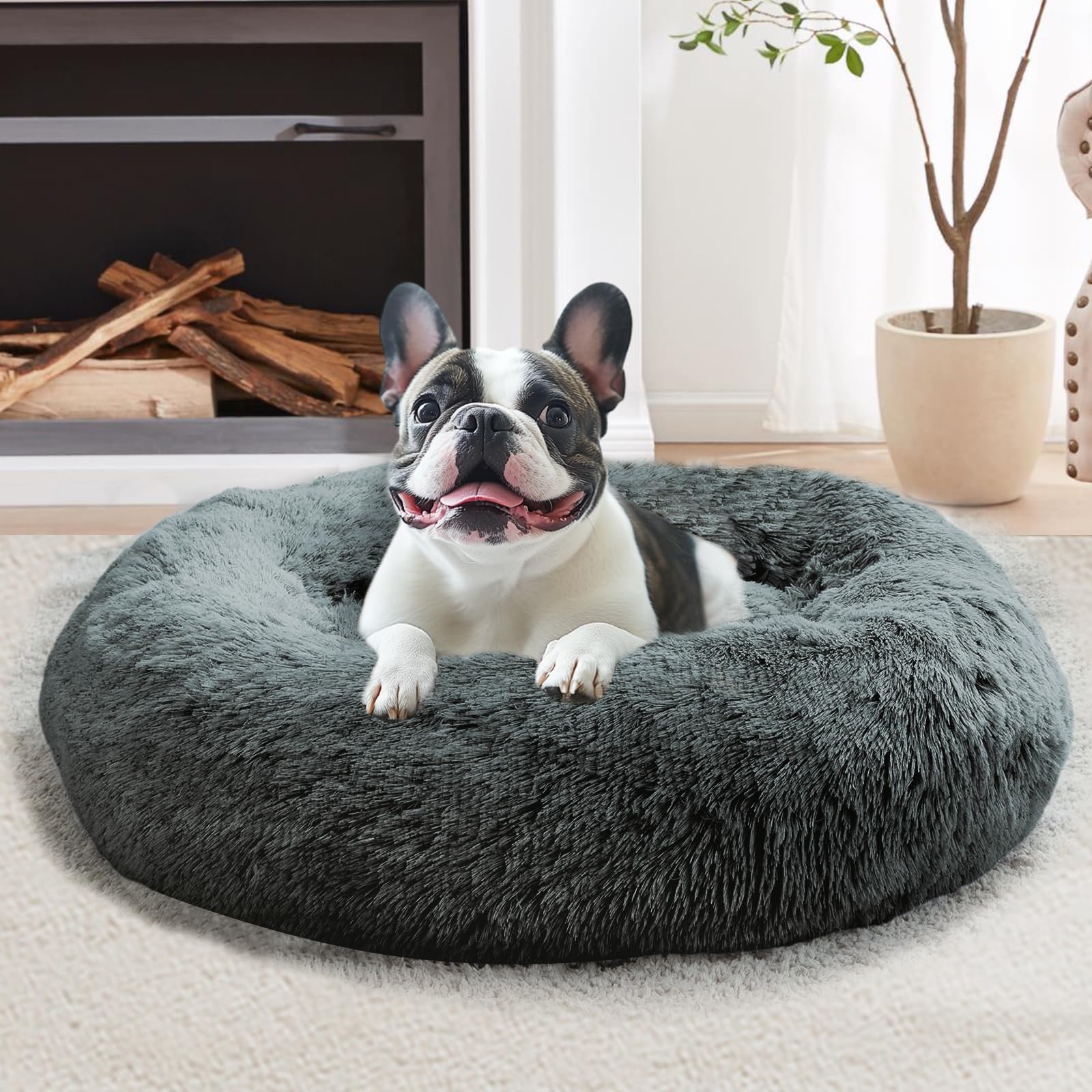 JOLLYVOGUE calming dog bed round navy grey offers cozy lounging for pets.