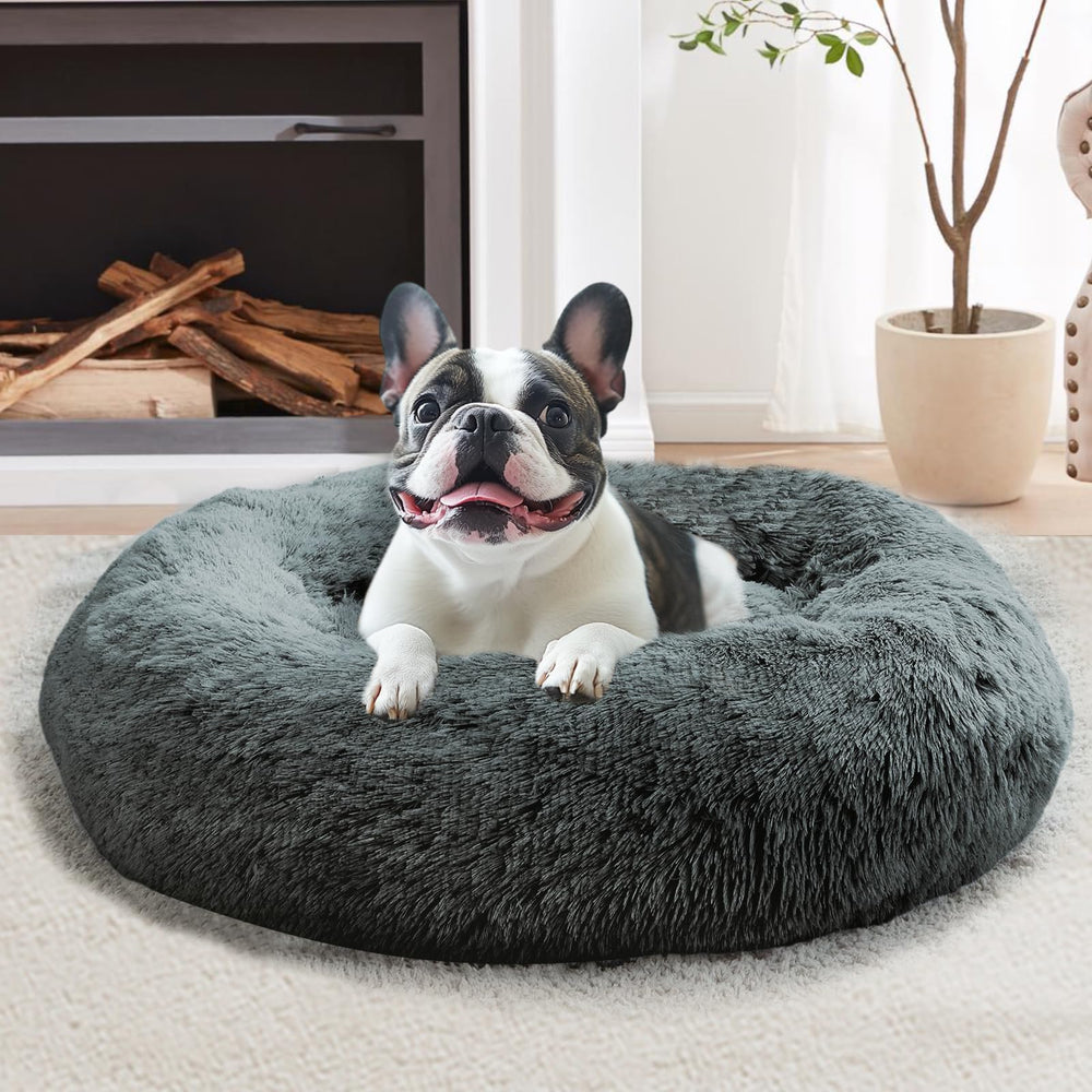 JOLLYVOGUE calming dog bed round navy grey offers cozy lounging for pets.