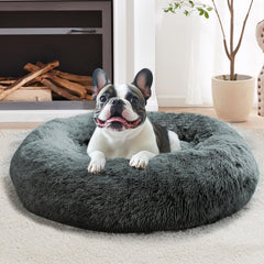 JOLLYVOGUE calming dog bed round navy grey offers cozy lounging for pets.
