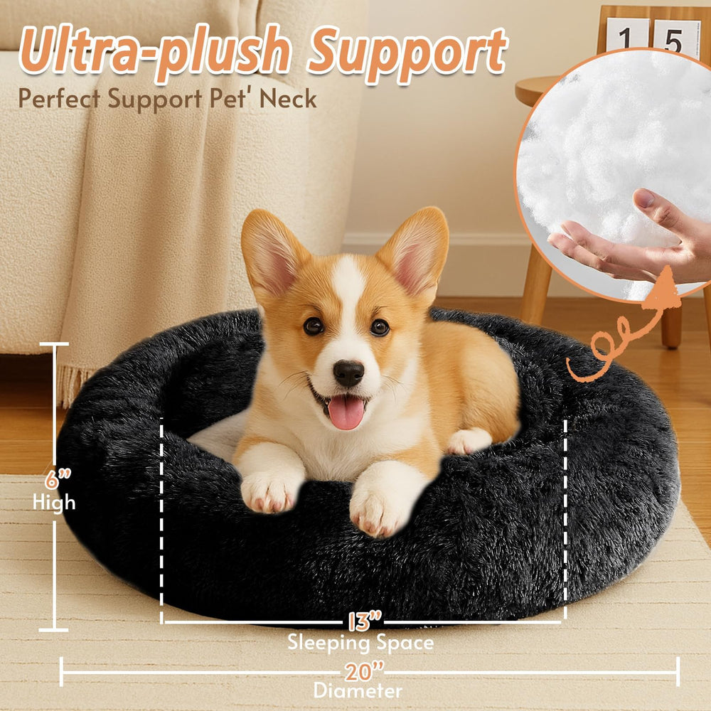 JOLLYVOGUE calming donut bed closeup in black—soft plush for calm, restful sleep at home
