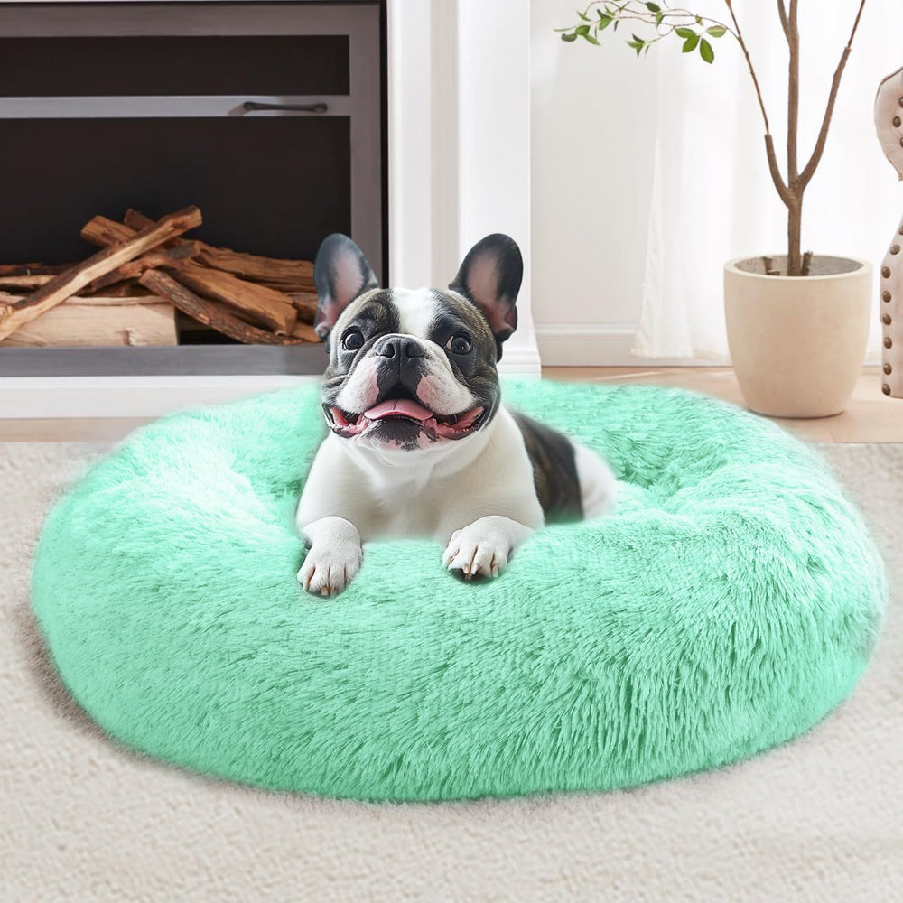 JOLLYVOGUE calming donut bed mint green side view highlights supportive round design for cozy nesting.