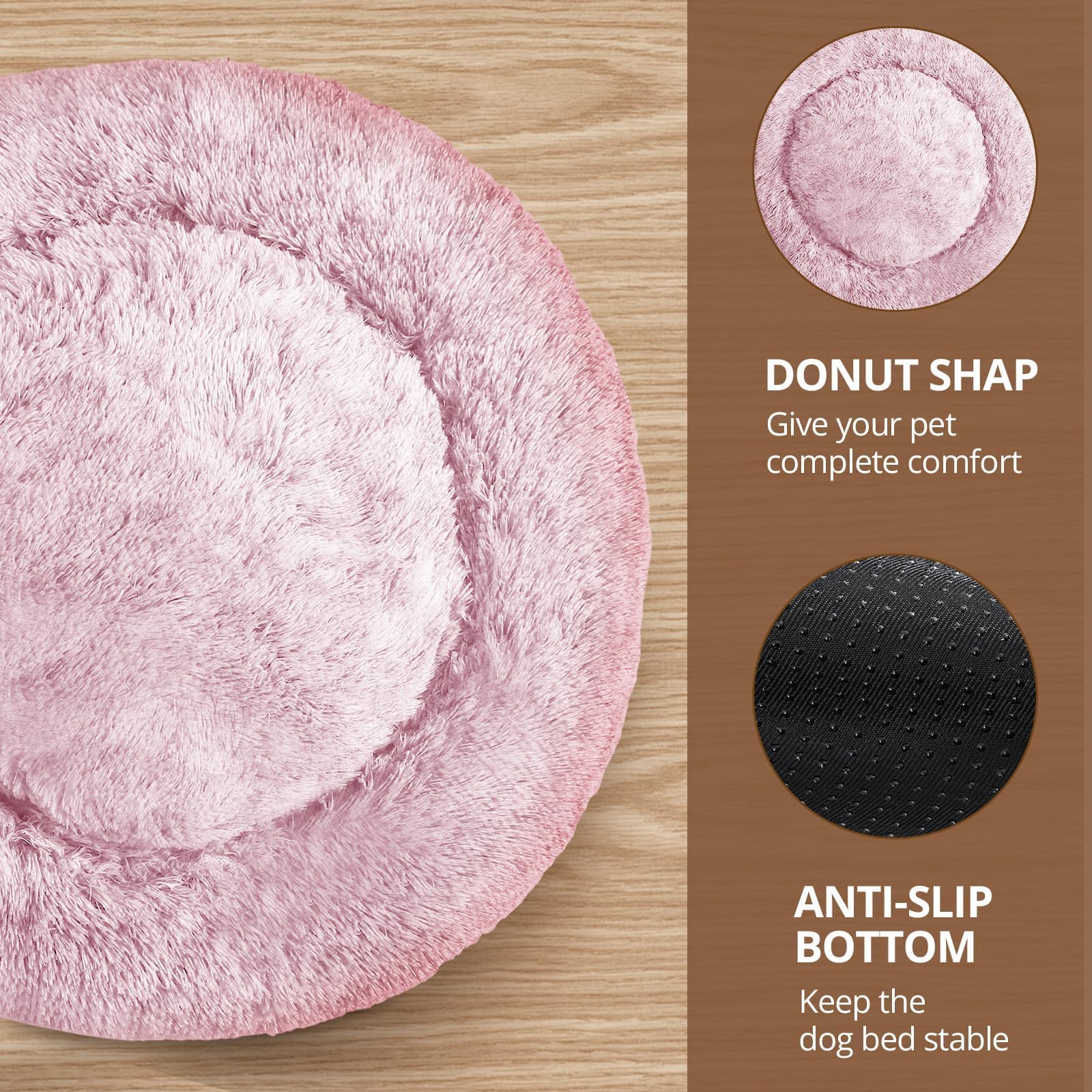 JollyVogue Calming Donut Bed smoke pink color complements home decor while soothing pets.