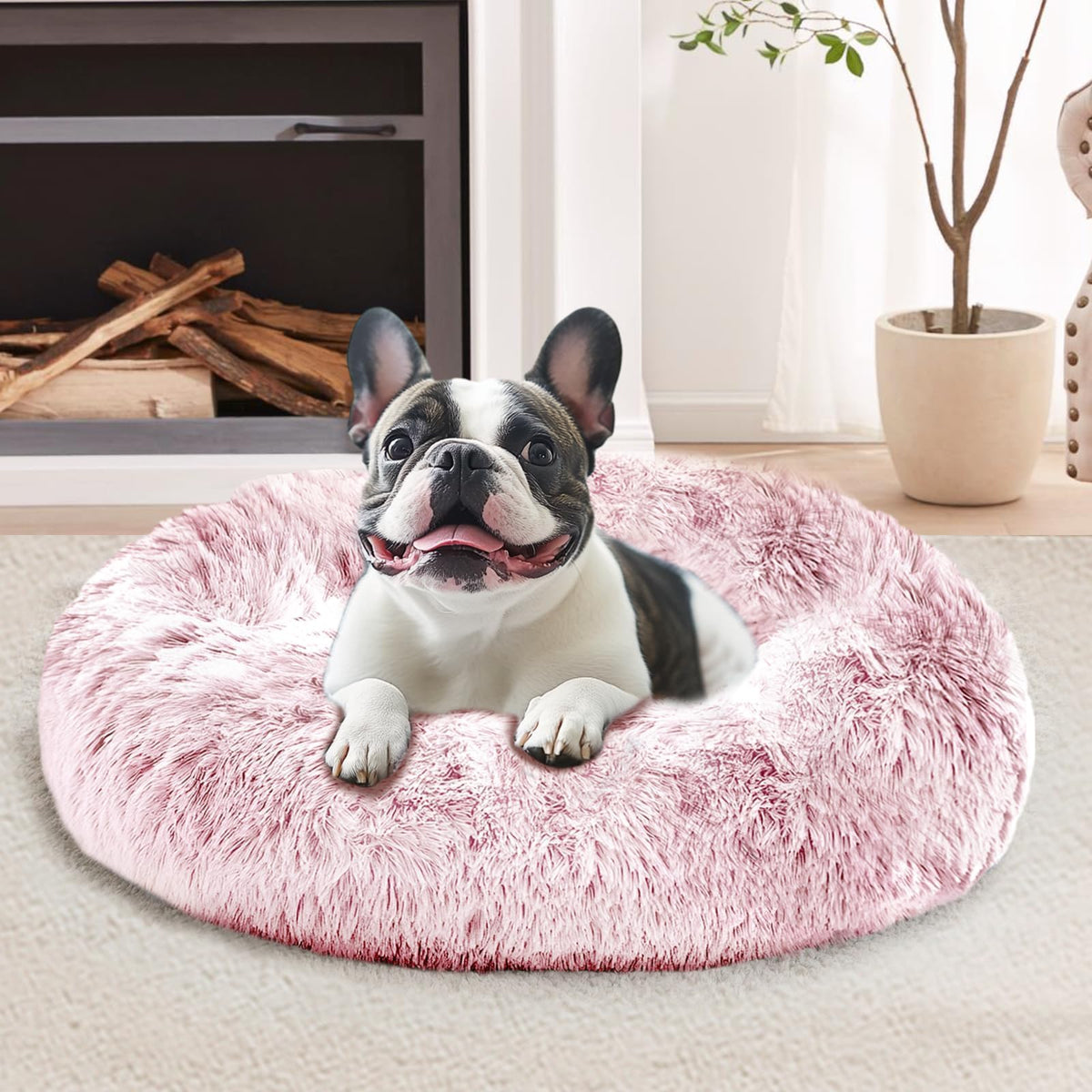 JOLLYVOGUE calming donut bed with soft fur offers a cozy retreat for small pets.